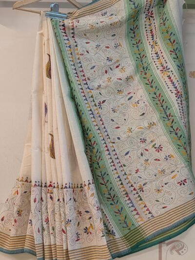 Majestic Khadi: Cream Khadi Cotton Kantha Embroidered Floral Temple Motif Saree with Green Yellow Stripe Border