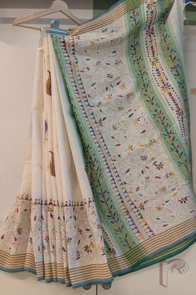 Majestic Khadi: Cream Khadi Cotton Kantha Embroidered Floral Temple Motif Saree with Green Yellow Stripe Border