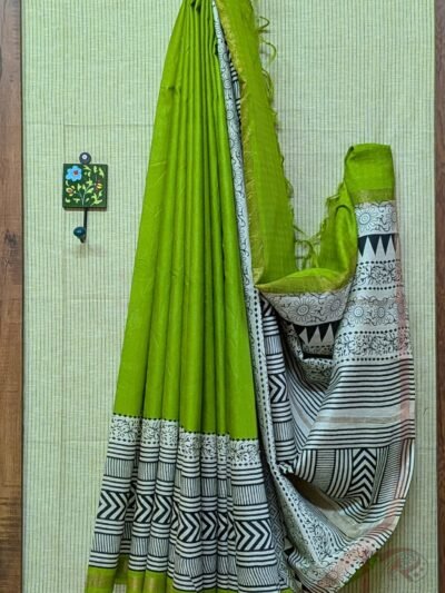 Jayshree Jiva - Parrot Green Jayshree Staple Cotton Silk Saree with Black Geometric and Floral Print on Cream Border