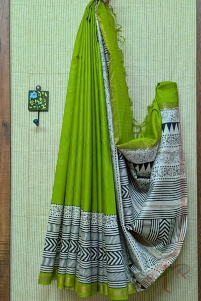 Jayshree Jiva - Parrot Green Jayshree Staple Cotton Silk Saree with Black Geometric and Floral Print on Cream Border
