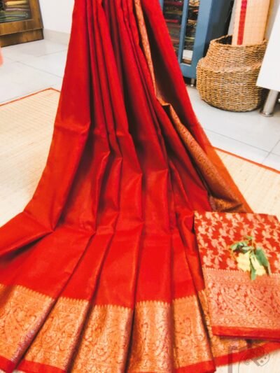 Banarasi Bloom: Bright Orange Khadi Silk Saree with 4-Inch Karwa Banarasi Weave Border and Pallu in Muted Gold