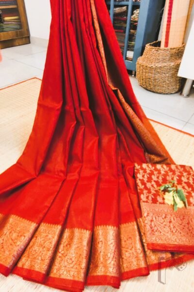 Banarasi Bloom: Bright Orange Khadi Silk Saree with 4-Inch Karwa Banarasi Weave Border and Pallu in Muted Gold