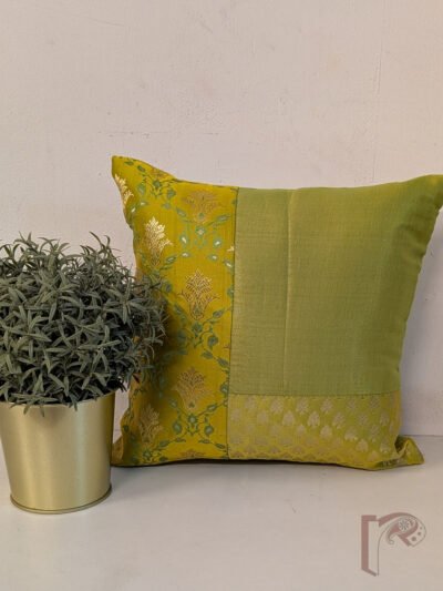 Cozy Cushion - Lime Green Patchwork Raw Silk Tissue & Banarasi Leaf Motif Cushion Cover 12" x 12"