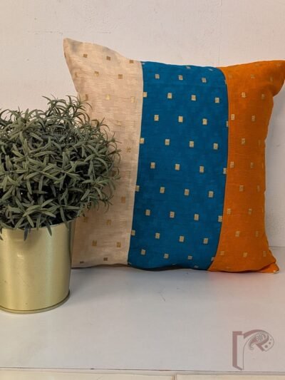 Cozy Cushion - Sea Green, Orange & Cream Textured Cotton Silk Panelled Cushion Cover 12" x 12"