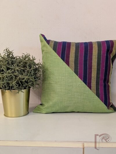 Cozy Cushion: Lime Green Handloom Cotton with Multicolour Stripe Triangle Cushion Cover 12" x 12"