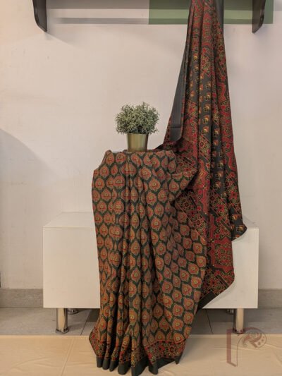 Mulmul Muse – Military Green Mulmul Cotton Saree with Ajrakh Spade Leaf Motifs