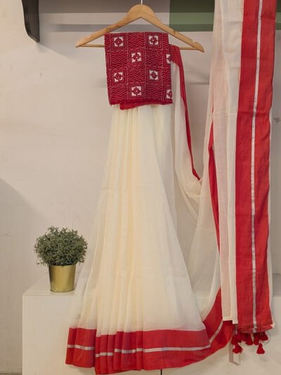 Majestic Khadi: Off White Khadi Cotton Saree with Red Border and Silver Line with Red Tassels