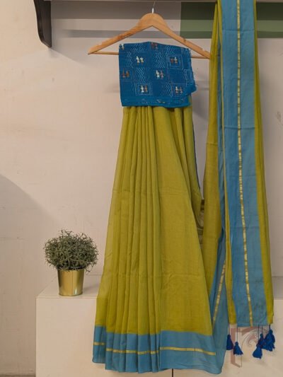 Majestic Khadi: Lime Green Khadi Cotton Saree with Blue Border and Gold Line with Blue Tassels