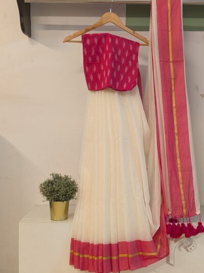Majestic Khadi: White Khadi Cotton Saree with Pink Border and Gold Line with Hot Pink Tassels