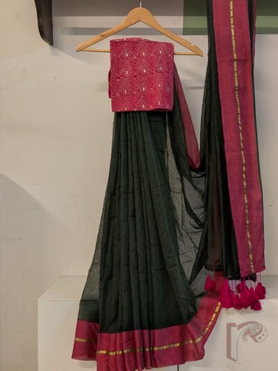 Majestic Khadi: Bottle Green Khadi Cotton Saree with Pink Border and Gold Line with Hot Pink Tassels