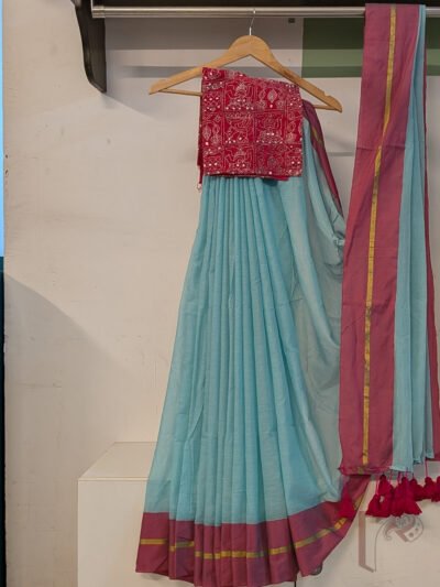 Majestic Khadi: Pista Green Khadi Cotton Saree with Pink Border and Gold Line with Hot Pink Tassels