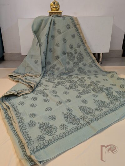 Lucknowi Leher: Sage Green Lucknowi Chanderi Saree with Tonal Shadow Work Floral and Kairi Motifs Diagonal Embroidered Pallu and Leaf Border