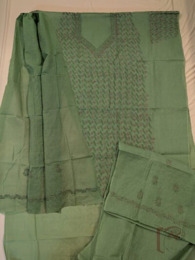 Suit Stories – Green Cotton Lucknowi Chikankari Jal Embroidered Unstitched Suit with Hot Pink and Sage Green Thread Floral Work and Cotton Dupatta