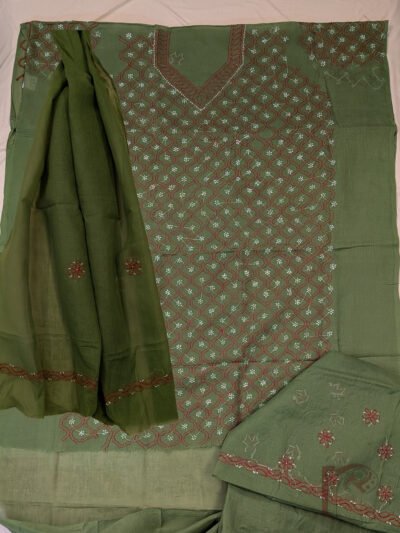 Suit Stories – Green Cotton Lucknowi Chikankari Jal Embroidered Unstitched Suit with Red and Cream Floral Running Stitch Work and Cotton Dupatta