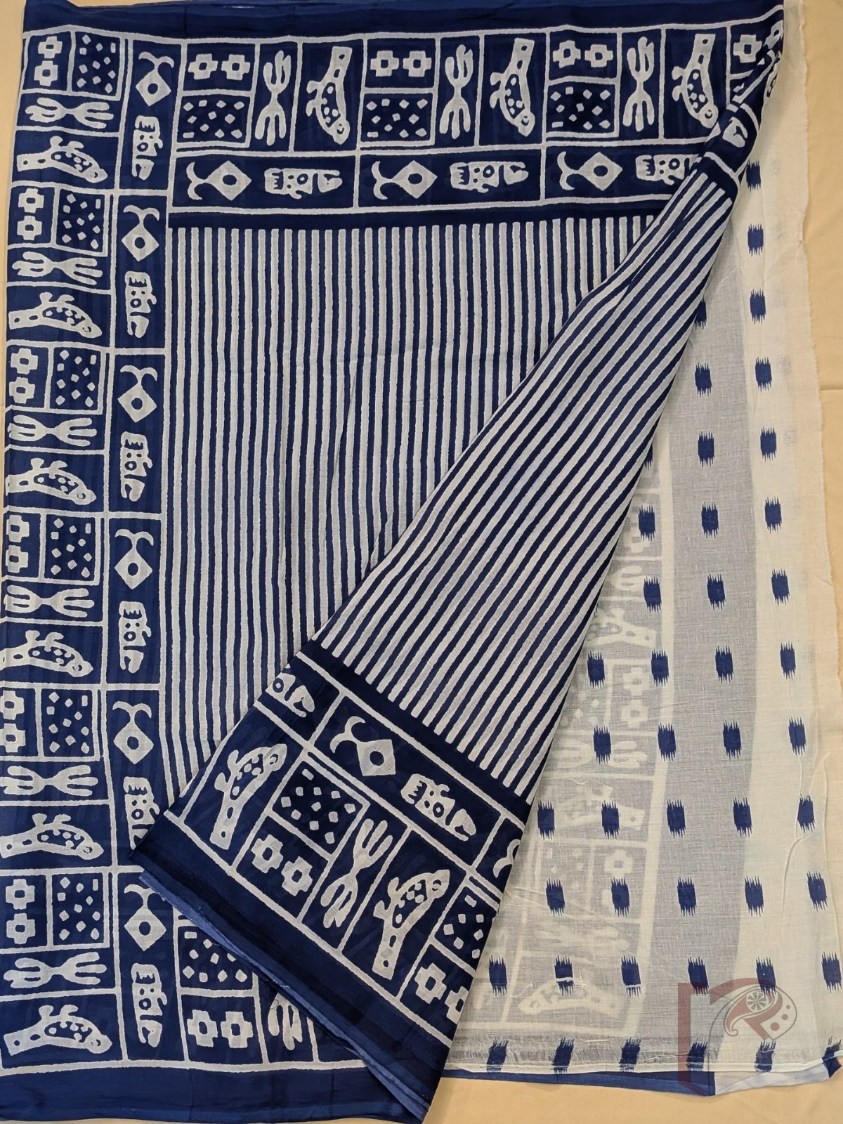 Mulmul Muse – White Mul Cotton Saree with Indigo Blue Stripes and Abstract Animal Print Border - Image 4