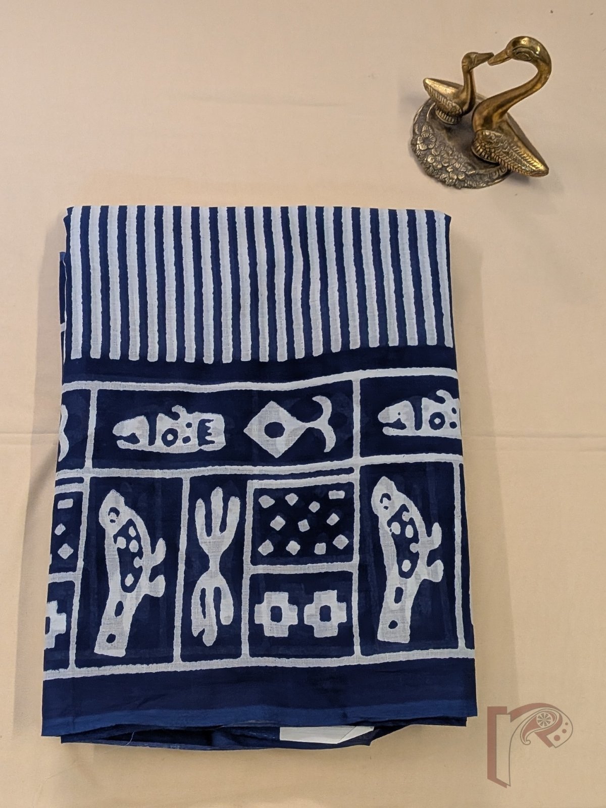 Mulmul Muse – White Mul Cotton Saree with Indigo Blue Stripes and Abstract Animal Print Border - Image 6