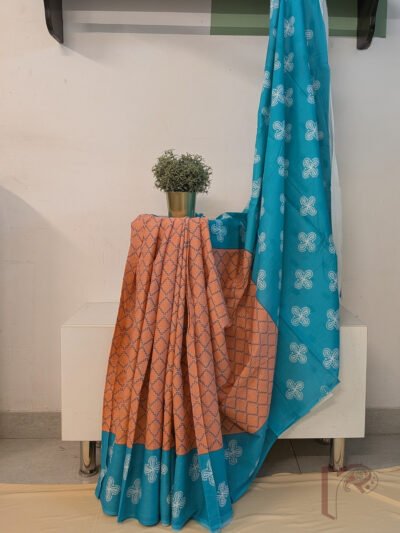 Mulmul Muse – Light Orange and Sea Green Mul Cotton Saree with Diamond Jal Print and Floral Border