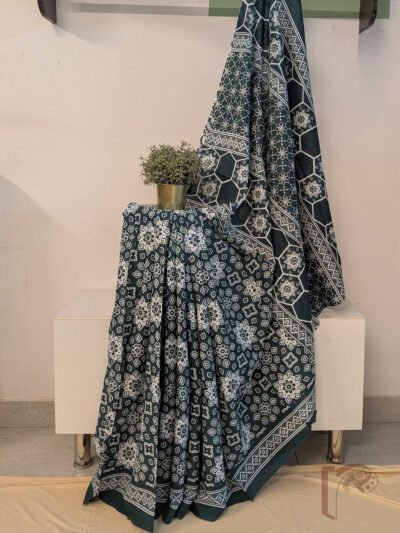 Mulmul Muse – Dark Green Mul Cotton Saree with Ajrakh Floral Block Print and Contrast Pallu