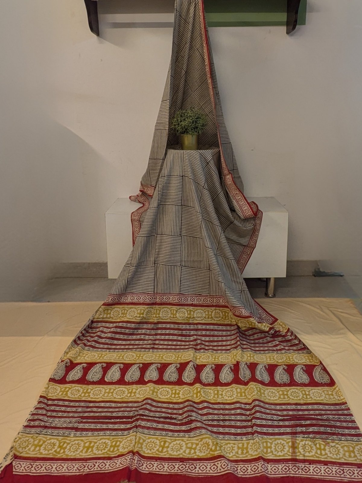 Mulmul Muse – Cream Mul Cotton Saree with Black Box Stripe Print and Rust Mustard Panel Pallu - Image 2