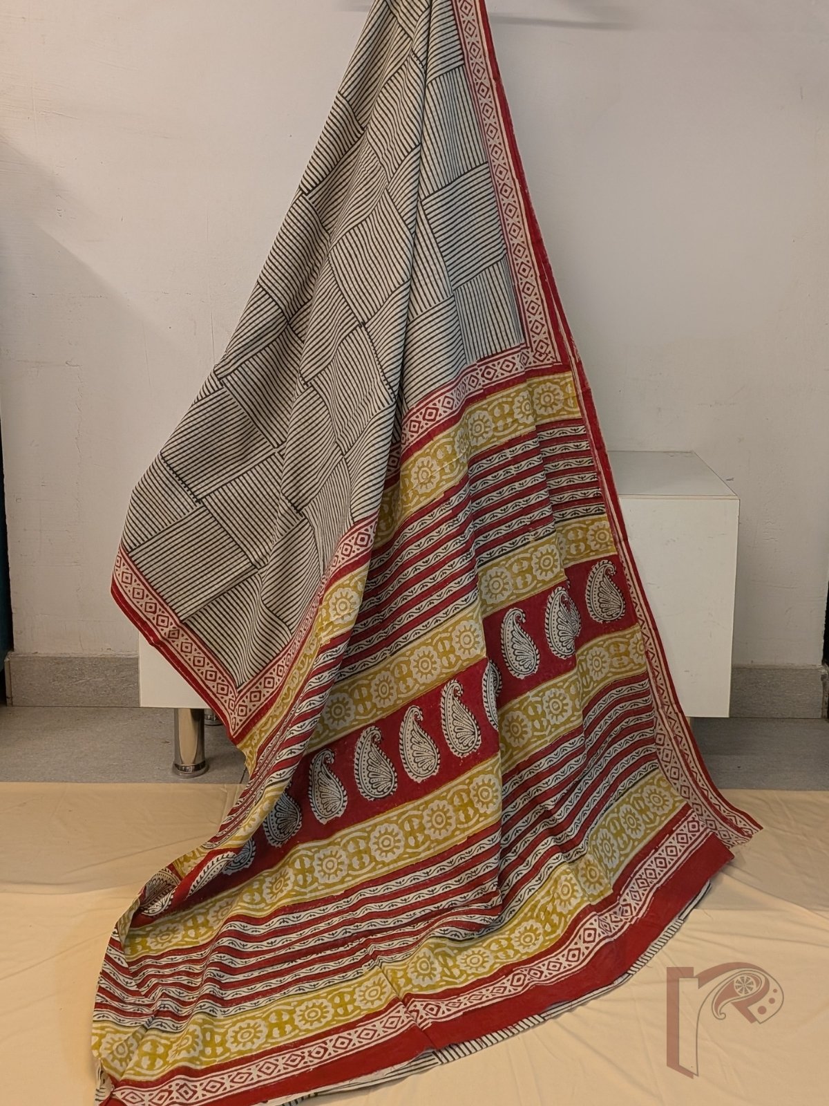 Mulmul Muse – Cream Mul Cotton Saree with Black Box Stripe Print and Rust Mustard Panel Pallu - Image 3