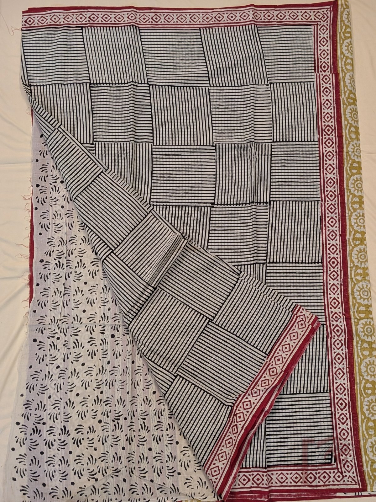 Mulmul Muse – Cream Mul Cotton Saree with Black Box Stripe Print and Rust Mustard Panel Pallu - Image 4