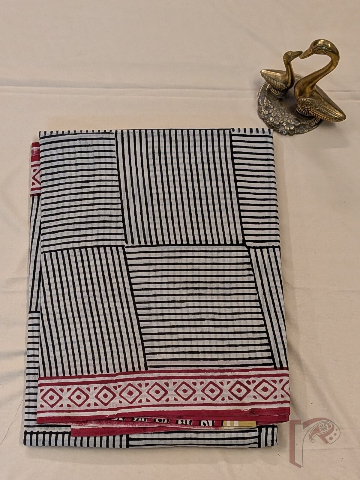 Mulmul Muse – Cream Mul Cotton Saree with Black Box Stripe Print and Rust Mustard Panel Pallu - Image 6