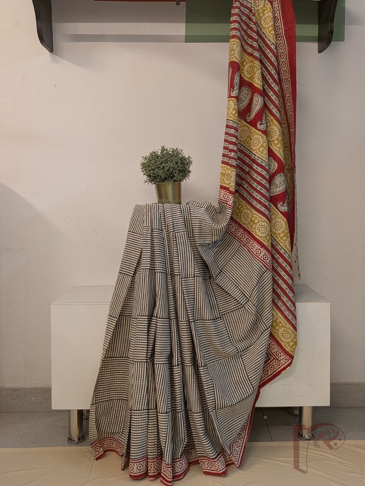 Mulmul Muse – Cream Mul Cotton Saree with Black Box Stripe Print and Rust Mustard Panel Pallu