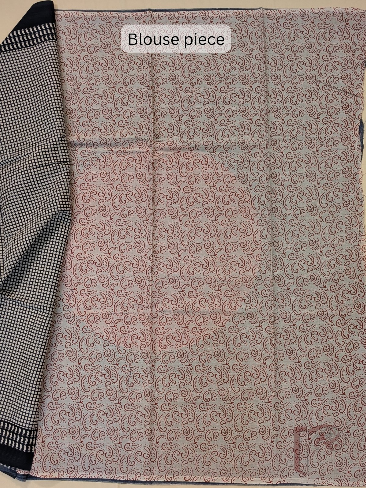 Mulmul Muse – Cream Mul Cotton Saree with Black Check Print and Brick Red Circle Pallu - Image 7