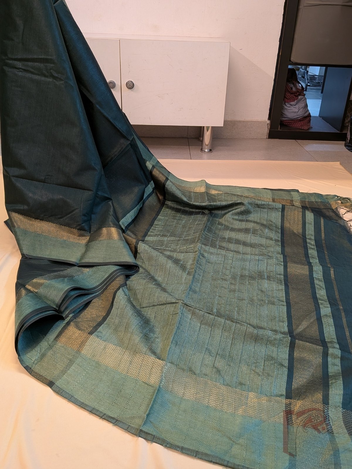 Banarasi Bloom: Bottle Green Katan Silk Saree with Light Green Herringbone Border and Gold Paithani Style - Image 2