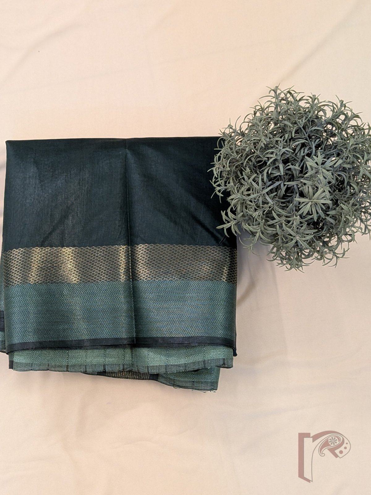 Banarasi Bloom: Bottle Green Katan Silk Saree with Light Green Herringbone Border and Gold Paithani Style - Image 8