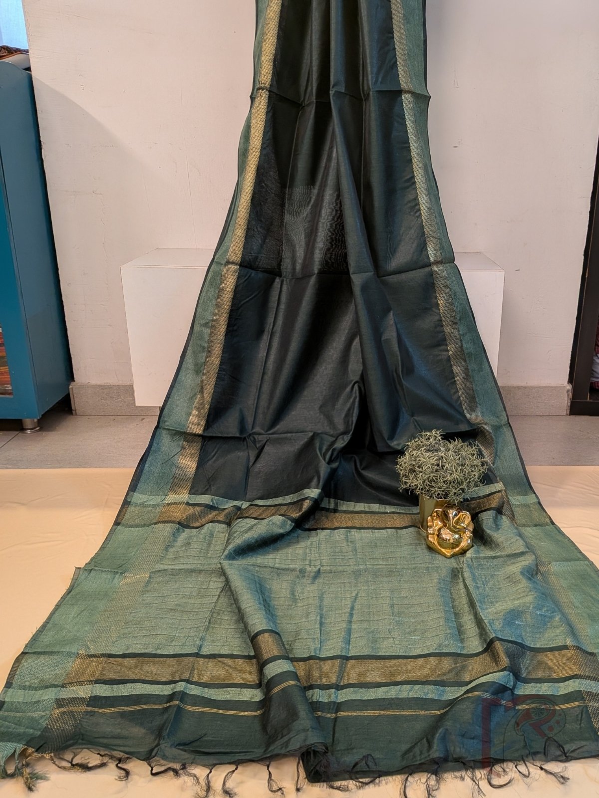 Banarasi Bloom: Bottle Green Katan Silk Saree with Light Green Herringbone Border and Gold Paithani Style