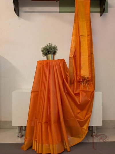 Katan Charm: Pastel Light Orange Katan Silk Plain Saree with 3 Inch Gold Zari Border and Elegant Gold Line Pallu