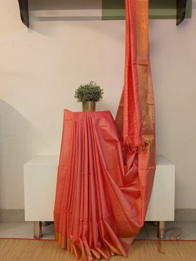 Katan Charm: Pastel Peach Katan Silk Plain Saree with 3 Inch Gold Zari Border and Minimal Gold Highlight Pallu