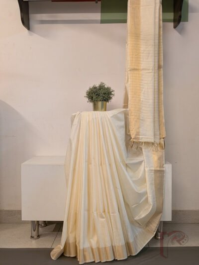 Katan Charm: Elegant Cream Katan Silk Plain Saree with 3 Inch Gold Zari Border and Subtle Gold Highlight Pallu