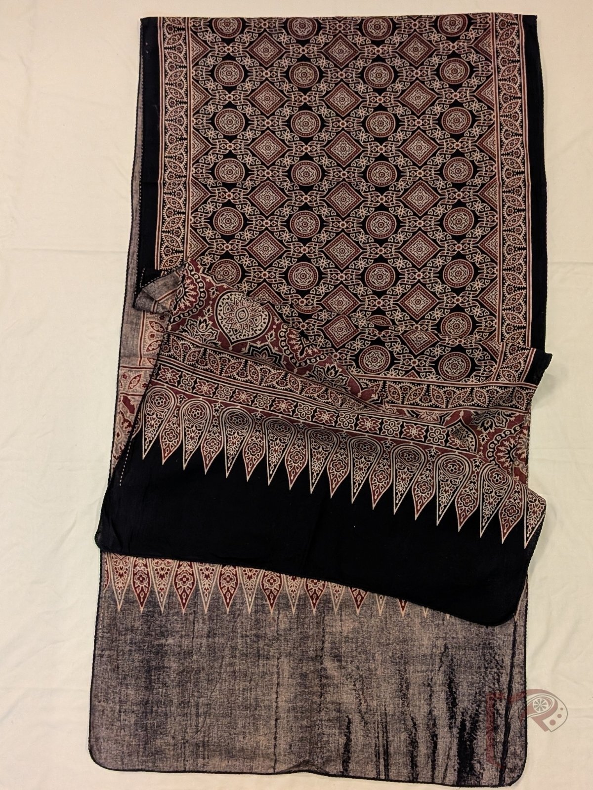 Dreamy Drapes - Black Cotton Ajrakh Stole with Circular Diamond Jal Floral Motifs and Traditional Border - Image 2