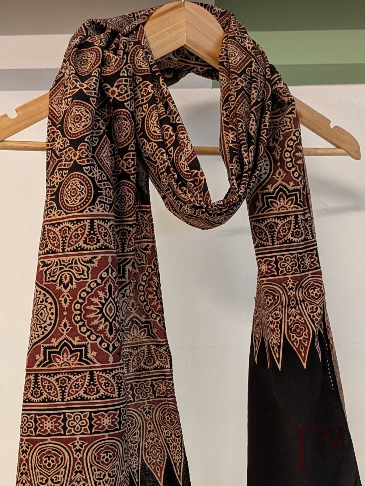 Dreamy Drapes - Black Cotton Ajrakh Stole with Circular Diamond Jal Floral Motifs and Traditional Border - Image 4