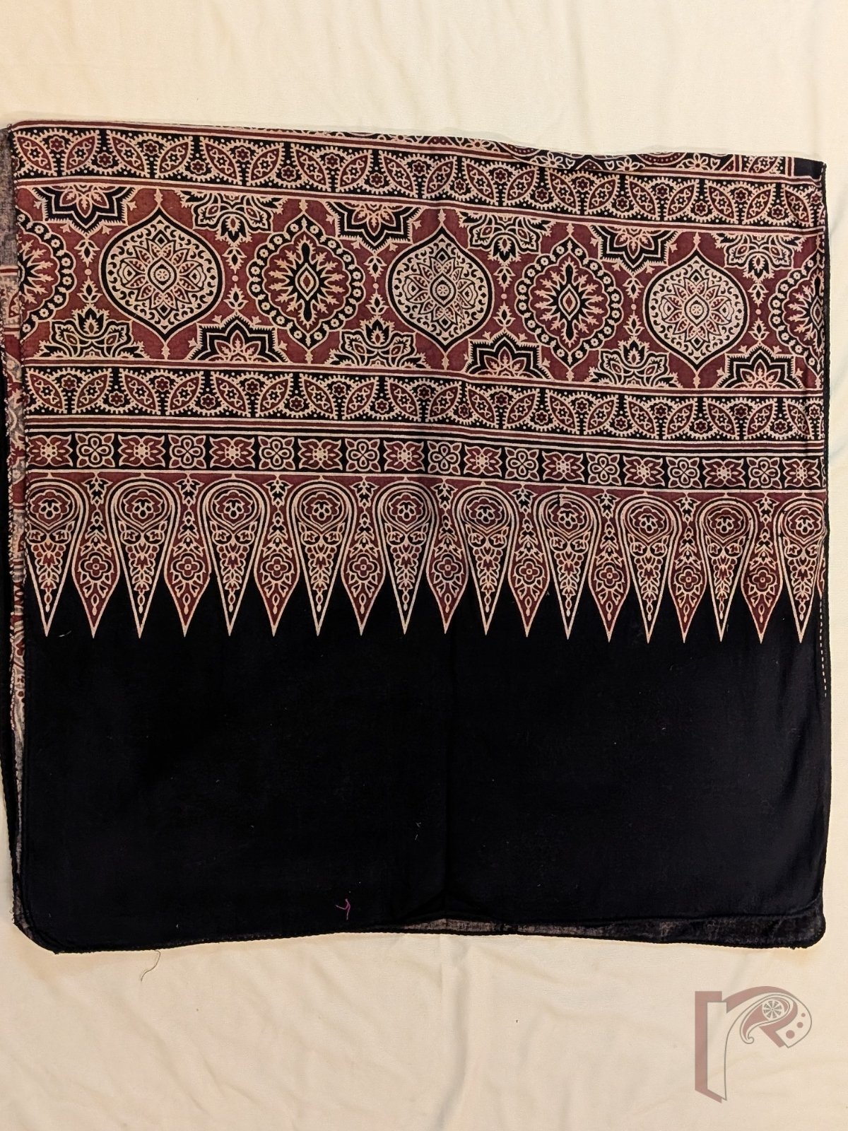 Dreamy Drapes - Black Cotton Ajrakh Stole with Circular Diamond Jal Floral Motifs and Traditional Border - Image 7