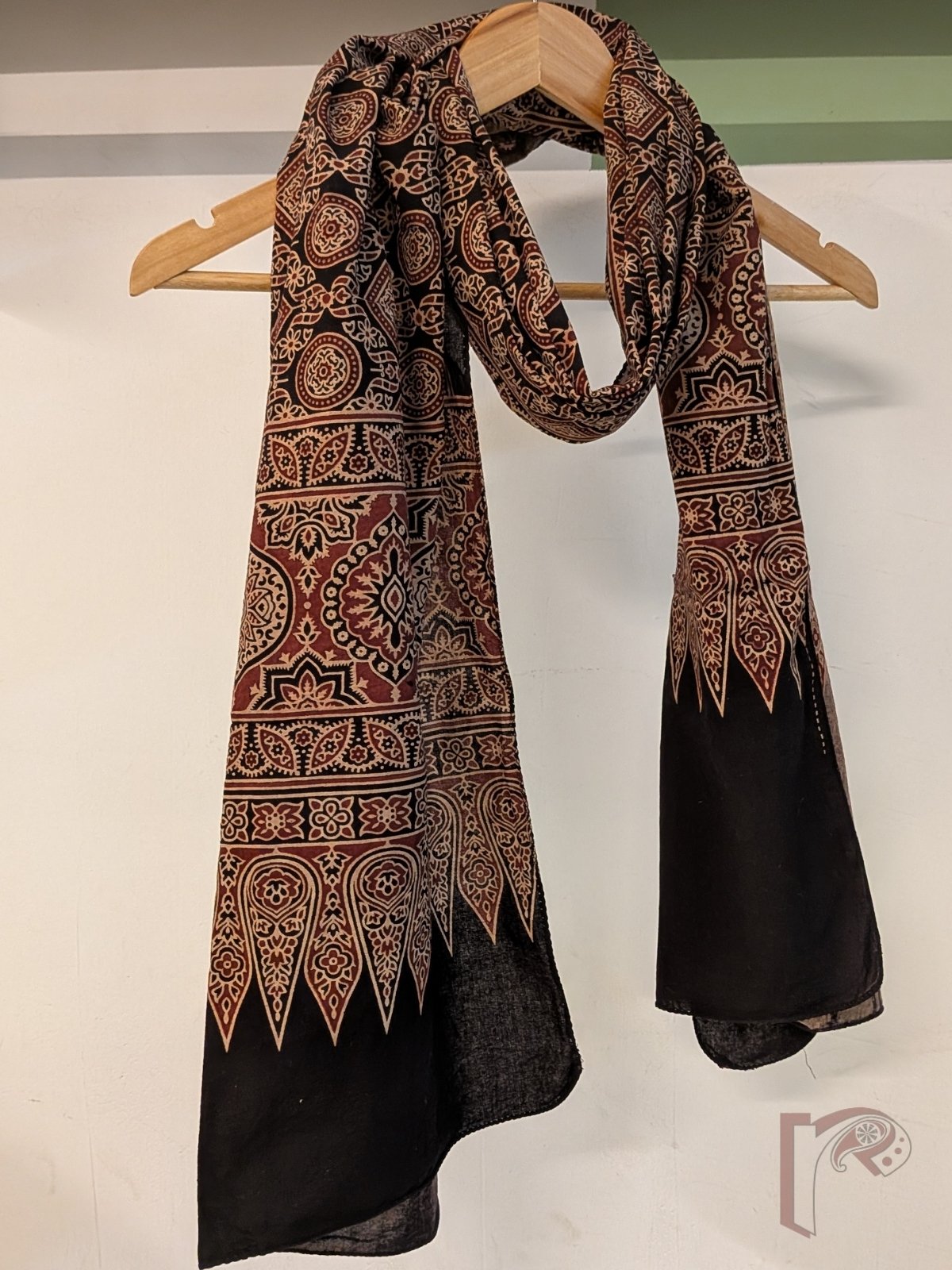 Dreamy Drapes - Black Cotton Ajrakh Stole with Circular Diamond Jal Floral Motifs and Traditional Border