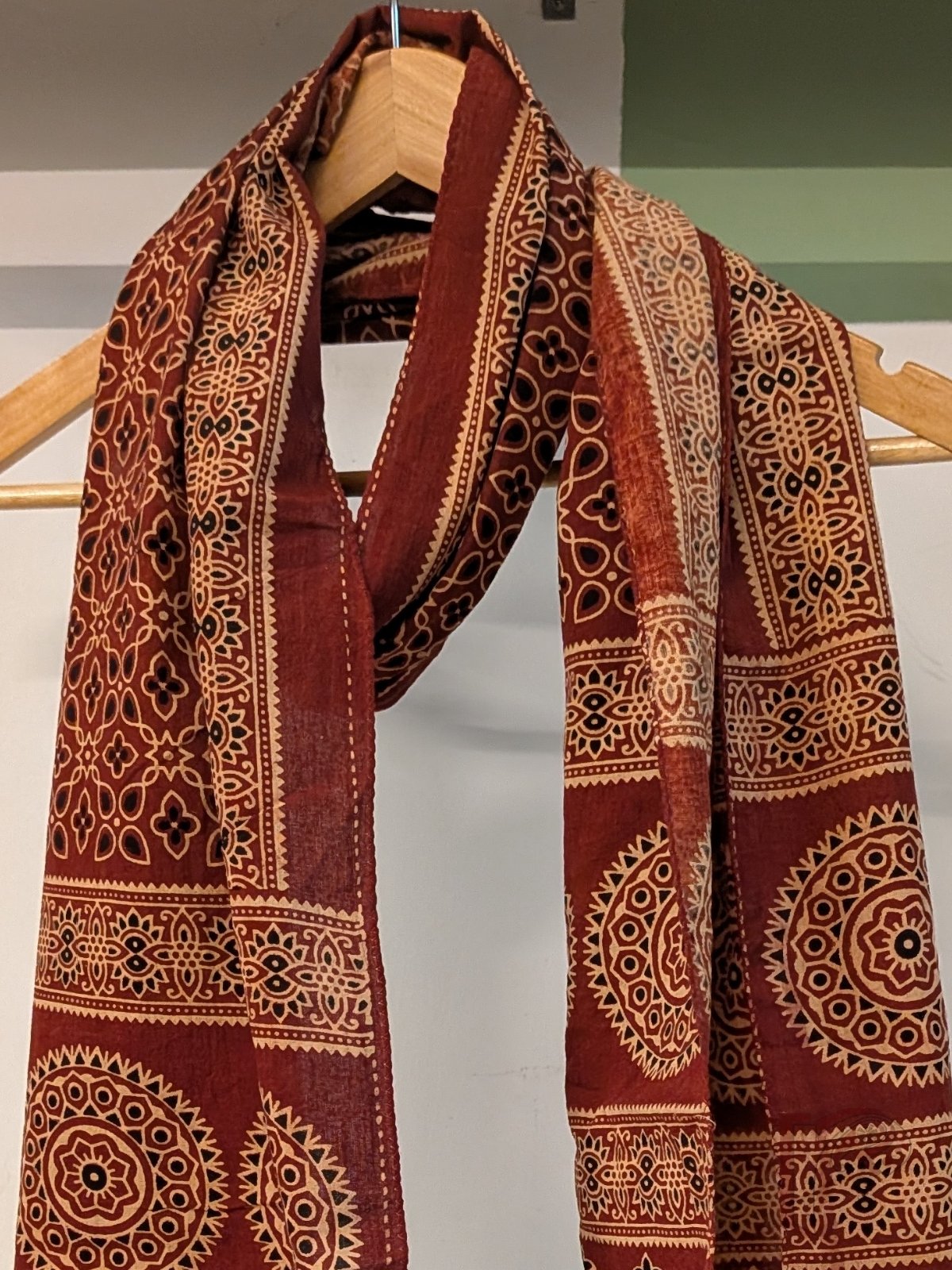 Dreamy Drapes - Rich Maroon Cotton Ajrakh Stole with Teardrop Floral Jal Motifs and Traditional Border - Image 4
