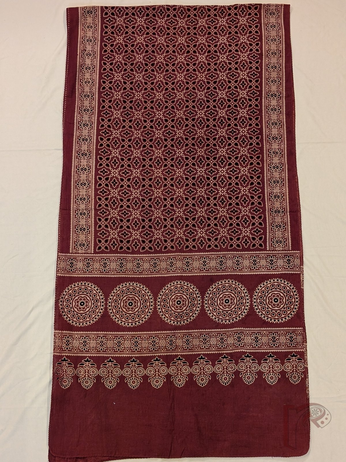 Dreamy Drapes - Rich Maroon Cotton Ajrakh Stole with Teardrop Floral Jal Motifs and Traditional Border - Image 5