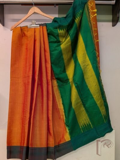 Ilkal Heritage - Orange Cotton Silk Ilkal Saree with Green Self-Weave Border and Green Yellow Silk Pallu