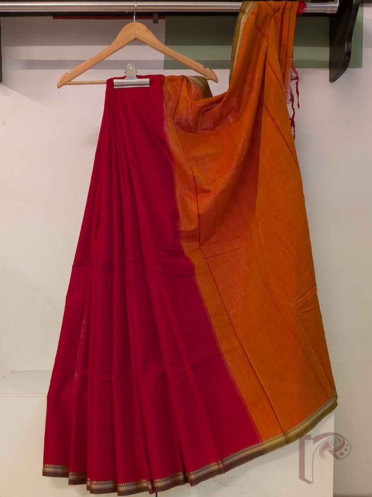 Ilkal Heritage - Pinkish Red Mercerized Cotton Ilkal Handloom Saree with Green Selvage and Orange Striped Pallu