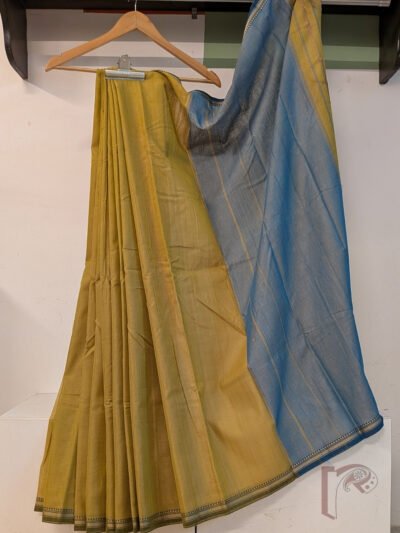 Ilkal Heritage - Light Mehendi Green Mercerized Cotton Ilkal Handloom Saree with Green Selvage and Blue Striped Pallu