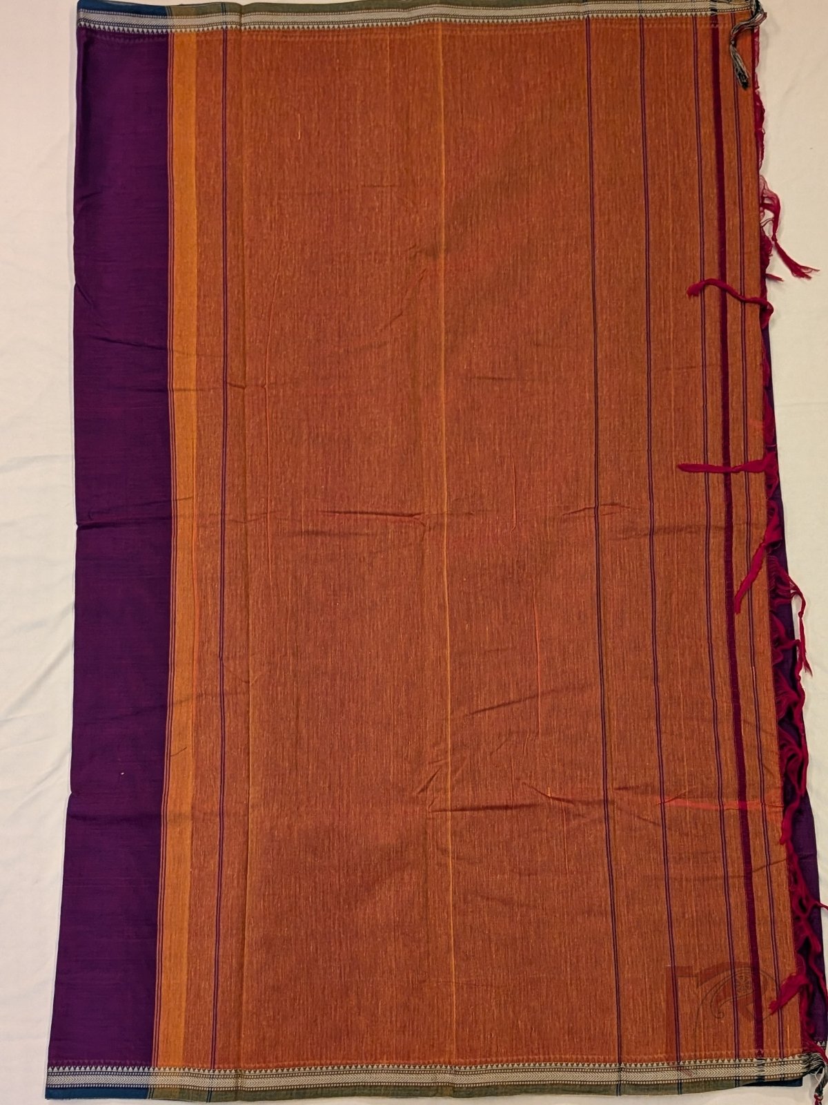 Ilkal Heritage - Double Shaded Purple Mercerized Cotton Ilkal Handloom Saree with Green Selvage and Orange Striped Pallu - Image 5