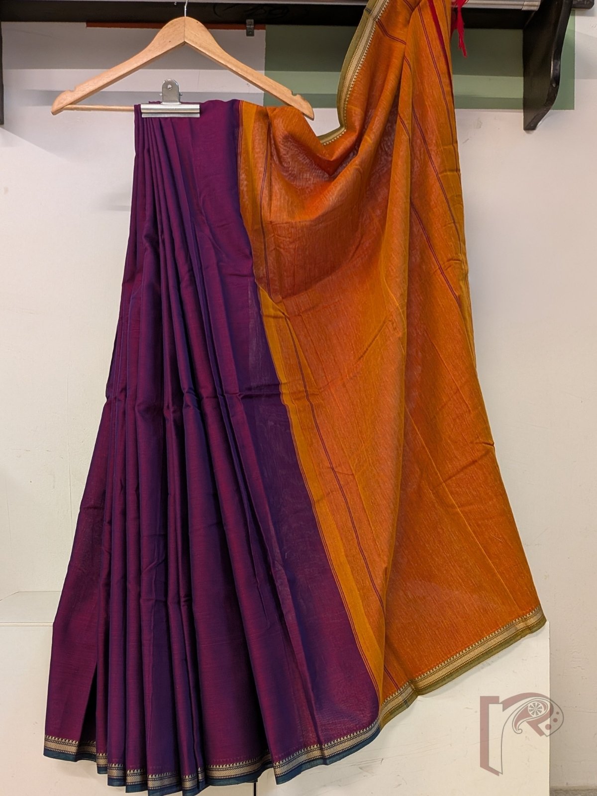 Ilkal Heritage - Double Shaded Purple Mercerized Cotton Ilkal Handloom Saree with Green Selvage and Orange Striped Pallu