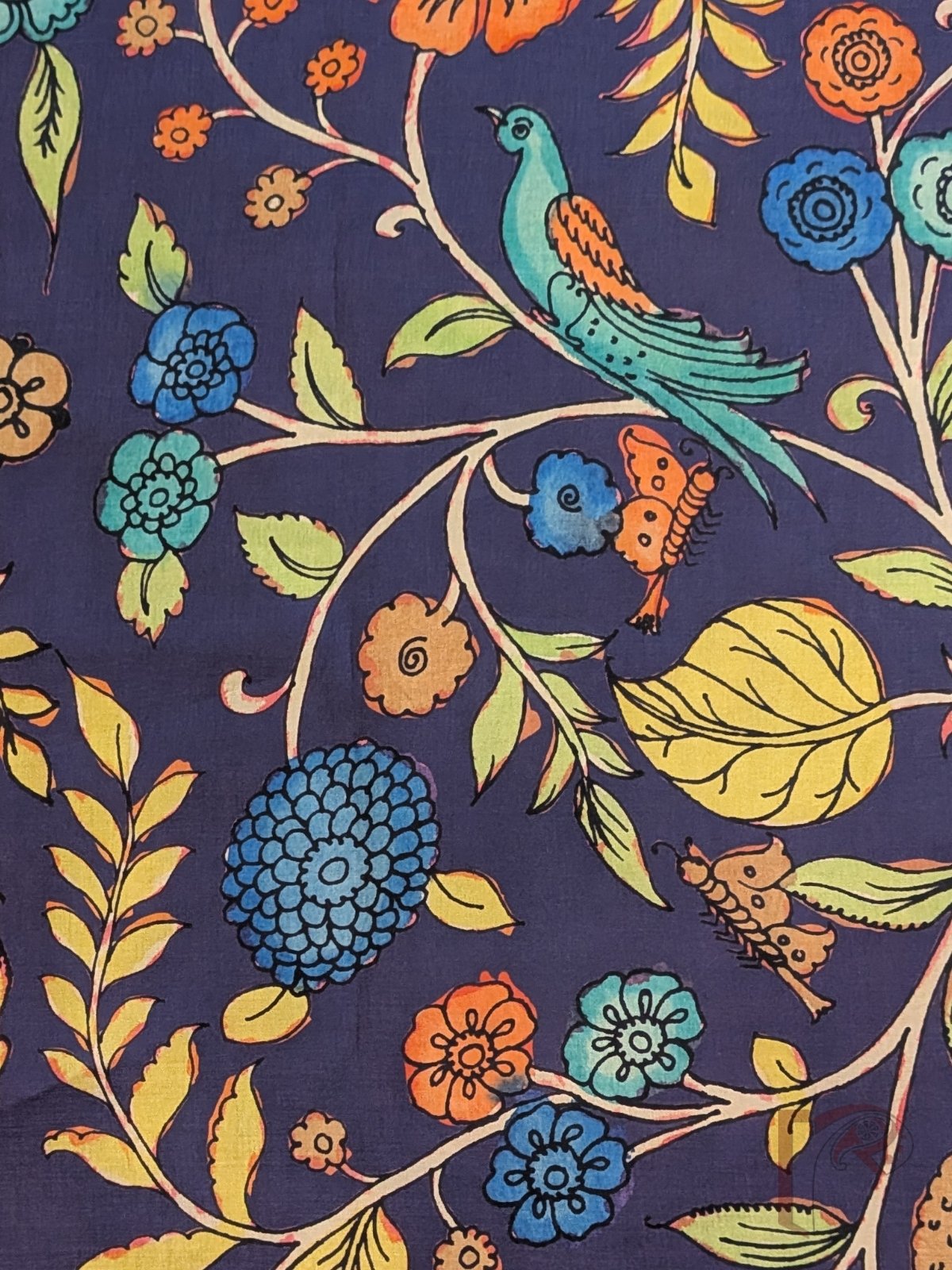 Purple Dupion Silk Kalamkari Blouse with Multicolour Floral and Leaf Motifs in Blue, Pink, Lime Green, Yellow and Orange - Image 3