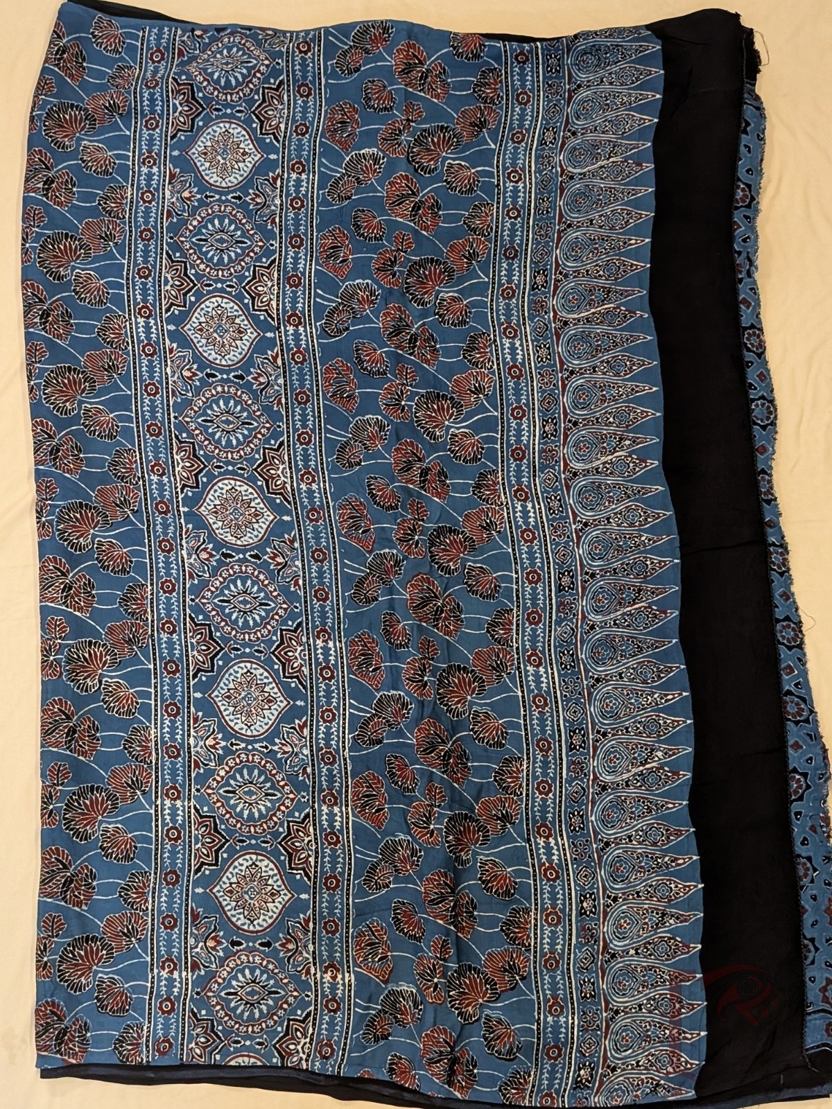 Ajrakh Aura - Indigo Blue Modal Silk Ajrakh Saree with Floral Panels, Polka Dot Motifs and Medallion Pallu - Image 3