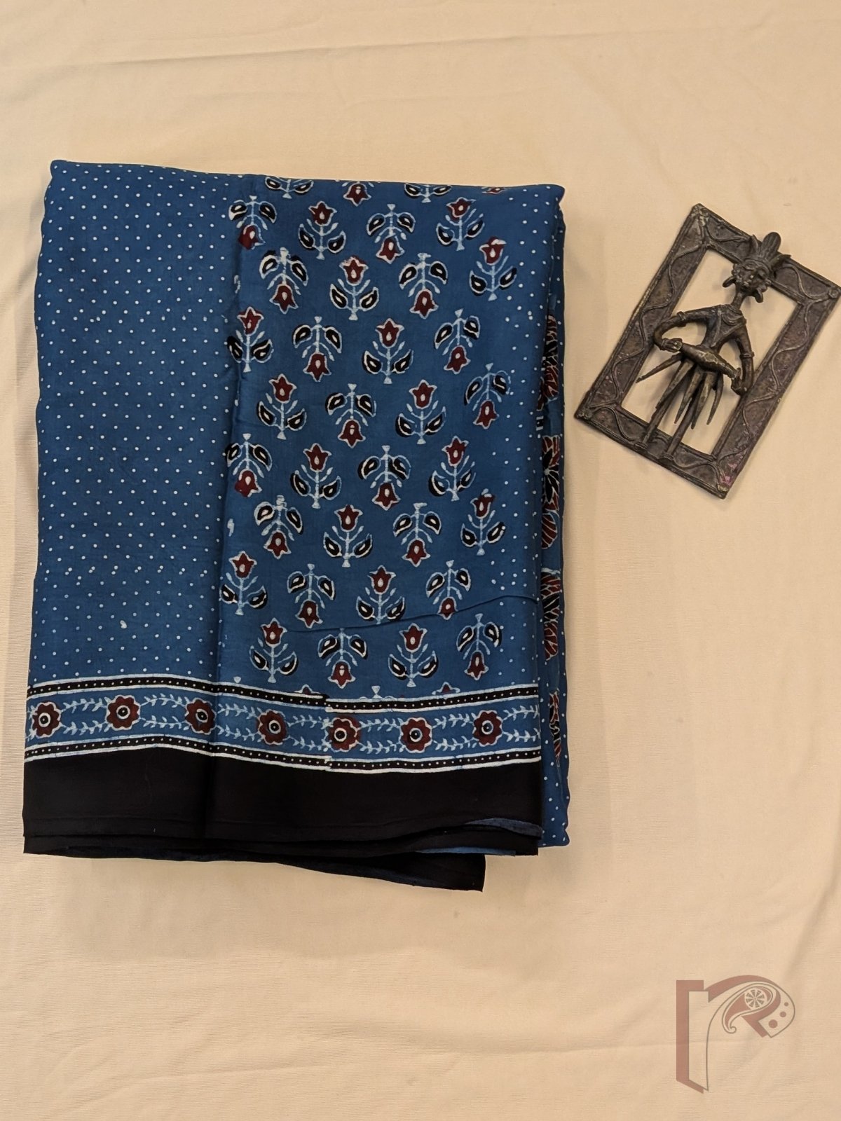 Ajrakh Aura - Indigo Blue Modal Silk Ajrakh Saree with Floral Panels, Polka Dot Motifs and Medallion Pallu - Image 4