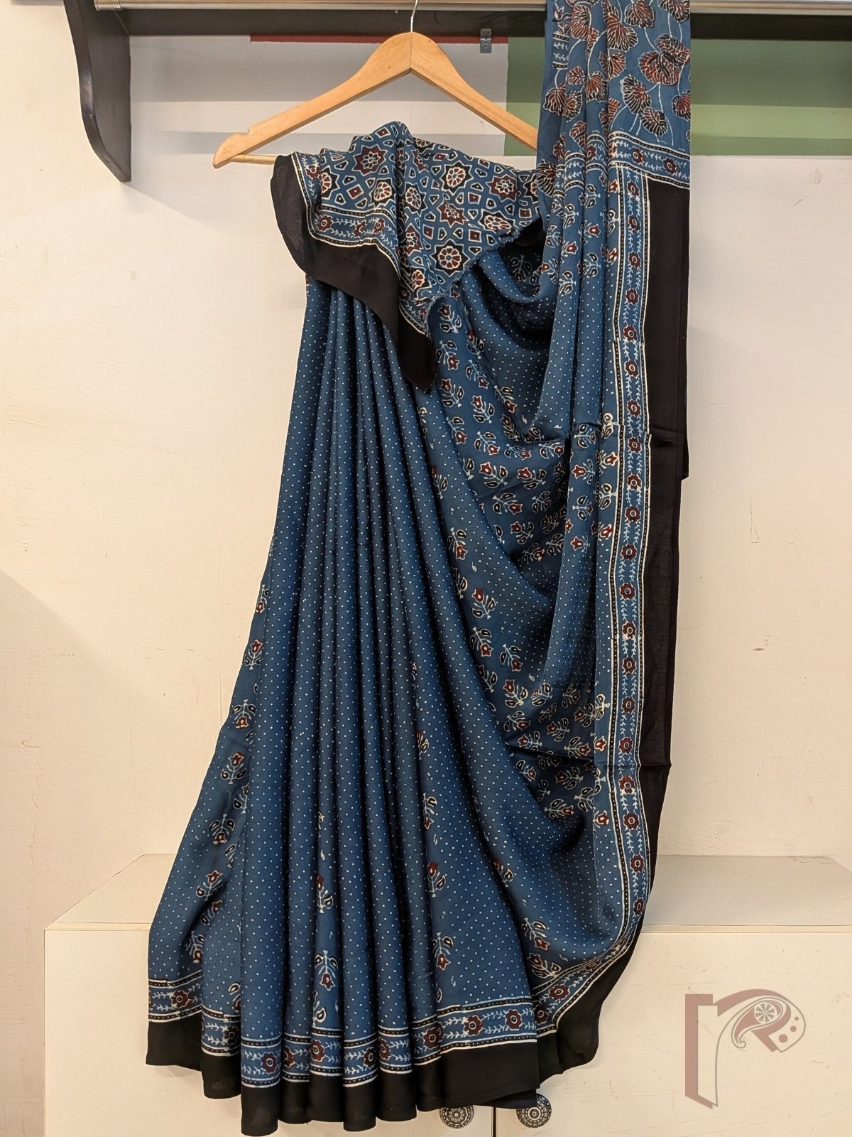 Ajrakh Aura - Indigo Blue Modal Silk Ajrakh Saree with Floral Panels, Polka Dot Motifs and Medallion Pallu