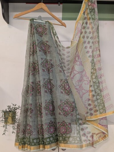 Kota Katha – Green Kota Cotton Saree with Sage Green and Pink Floral Block Print and Multi-Panel Paisley Pallu
